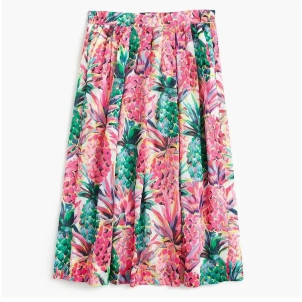 J.Crew A-Line Midi Skirt Ratti Painted Pink Pineapple Print Elastic Waist